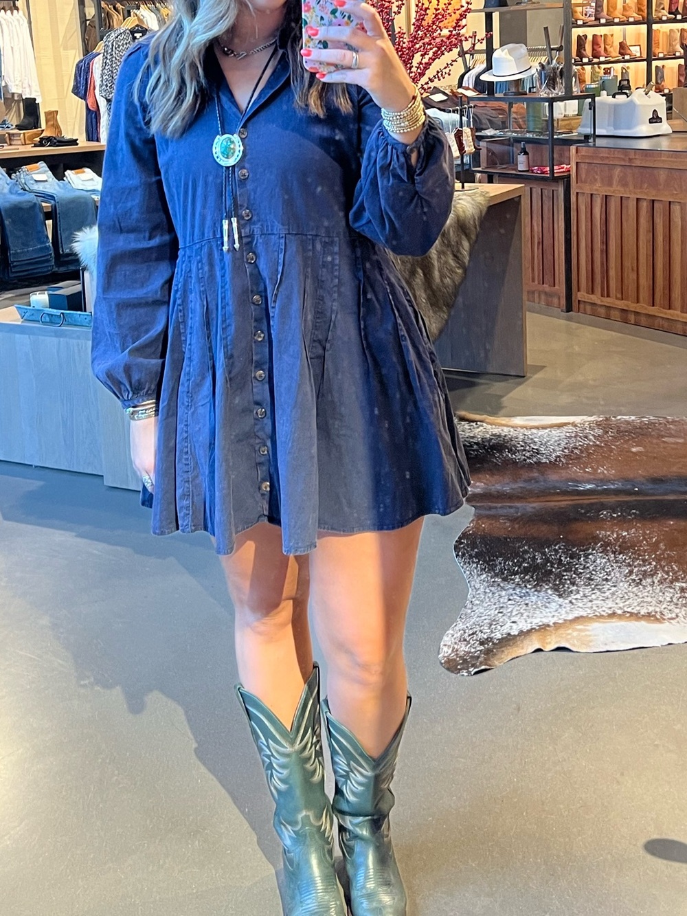 Free People Blue Denim Mini Dress Long Sleeves